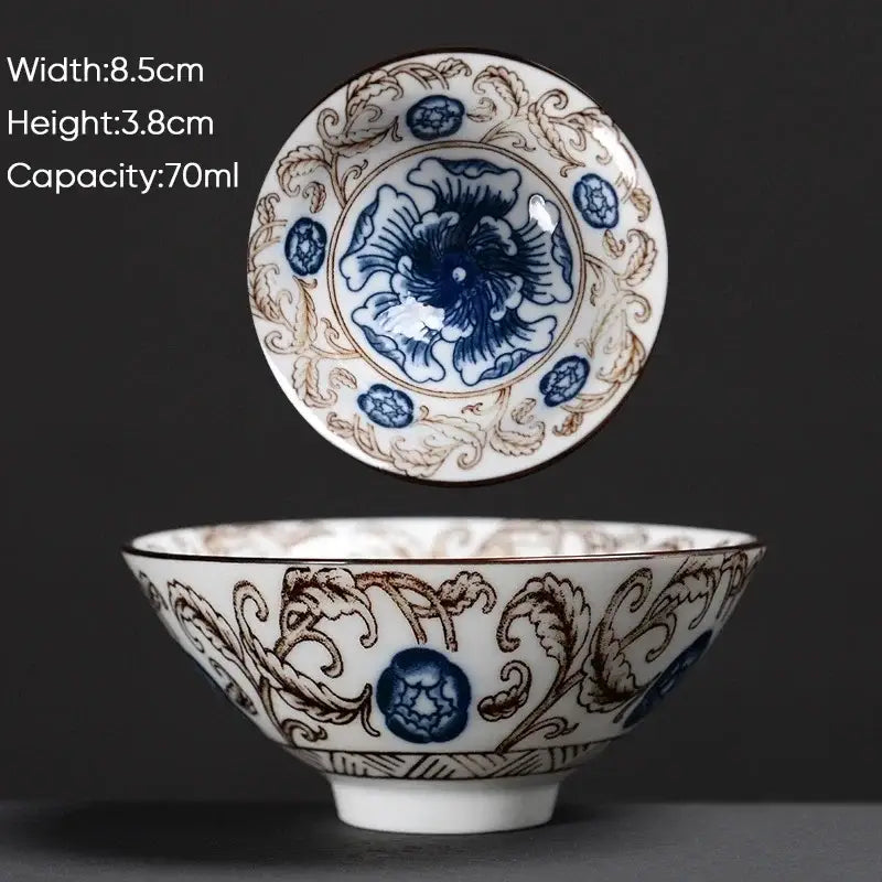 A white ceramic kung fu tea cup with intricate decorbites blue and brown floral patterns for dining room use