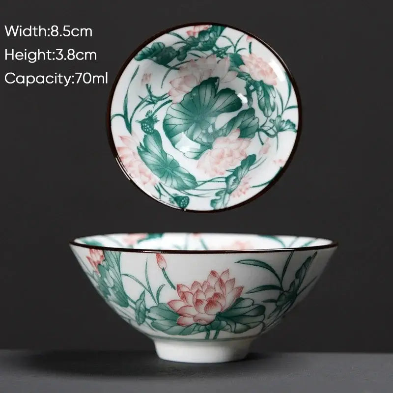 White ceramic kung fu tea cup with hand-painted pink lotus design and dark rim from decorbites blue set