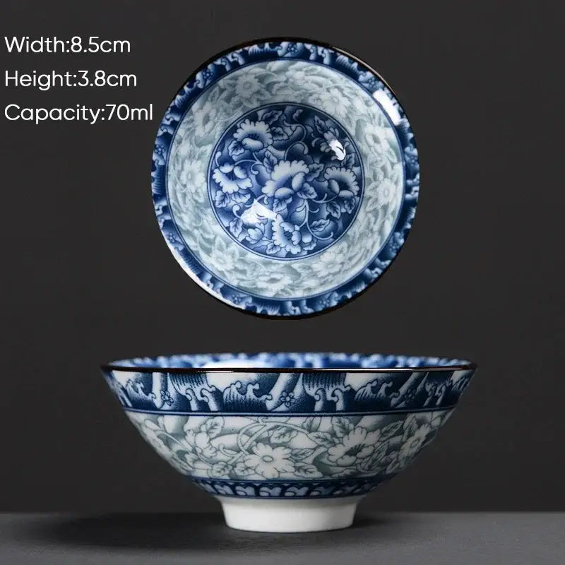 A delicate blue and white ceramic kung fu tea bowl with intricate floral patterns and glossy finish by decorbites blue