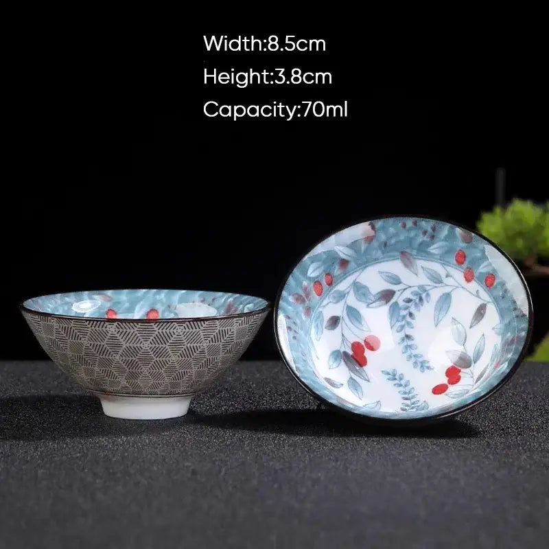 A delicate white ceramic kung fu tea bowl with geometric exterior and floral red berry design for dining decorbites blue
