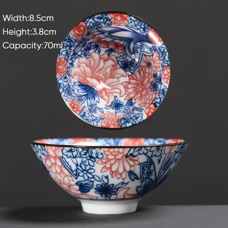 A porcelain white ceramic kung fu tea cup with decorbites blue coral floral pattern for Japanese style dining