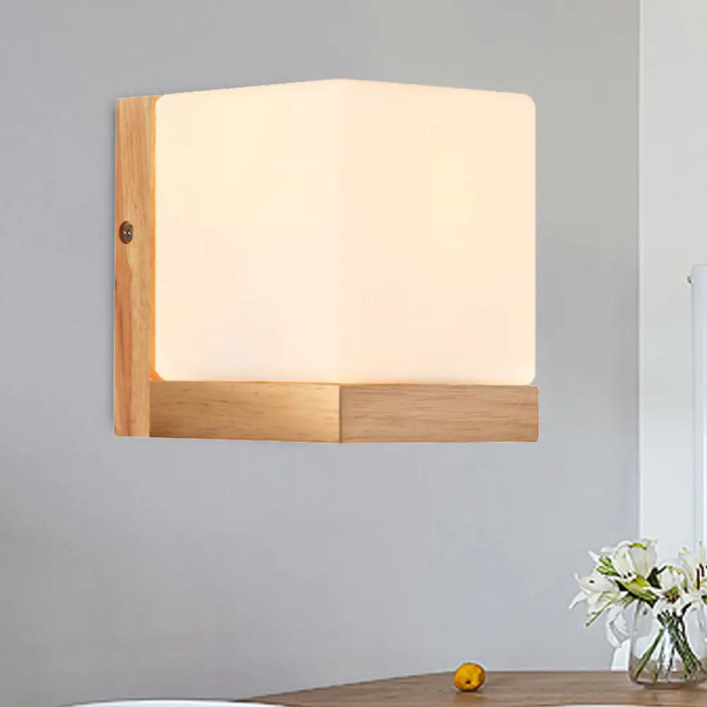 DecorBites™ DecorBites™ Japanese Style Opal Glass Wood Cube Wall Lamp with 1 Light - Hotel Restaurant White Wall Light