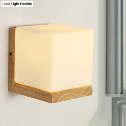 DecorBites™ DecorBites™ Japanese Style Opal Glass Wood Cube Wall Lamp with 1 Light - Hotel Restaurant White Wall Light