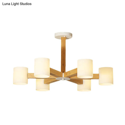 Japanese Style Pendant Chandelier with White Glass Shade and Wood Accents for Bedroom Lighting