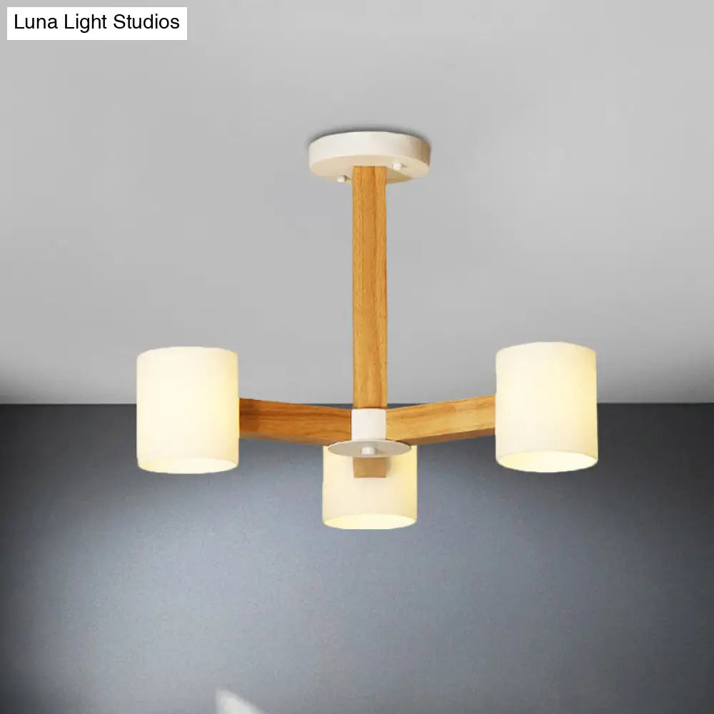 Japanese Style Pendant Chandelier with White Glass Shade and Wood Accents for Bedroom Lighting