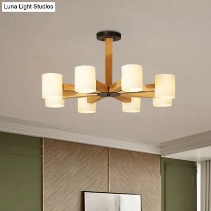 Japanese Style Pendant Chandelier with White Glass Shade and Wood Accents for Bedroom Lighting