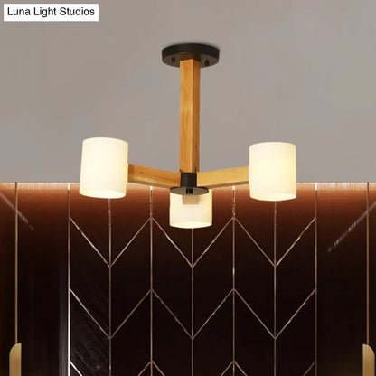 Japanese Style Pendant Chandelier with White Glass Shade and Wood Accents for Bedroom Lighting