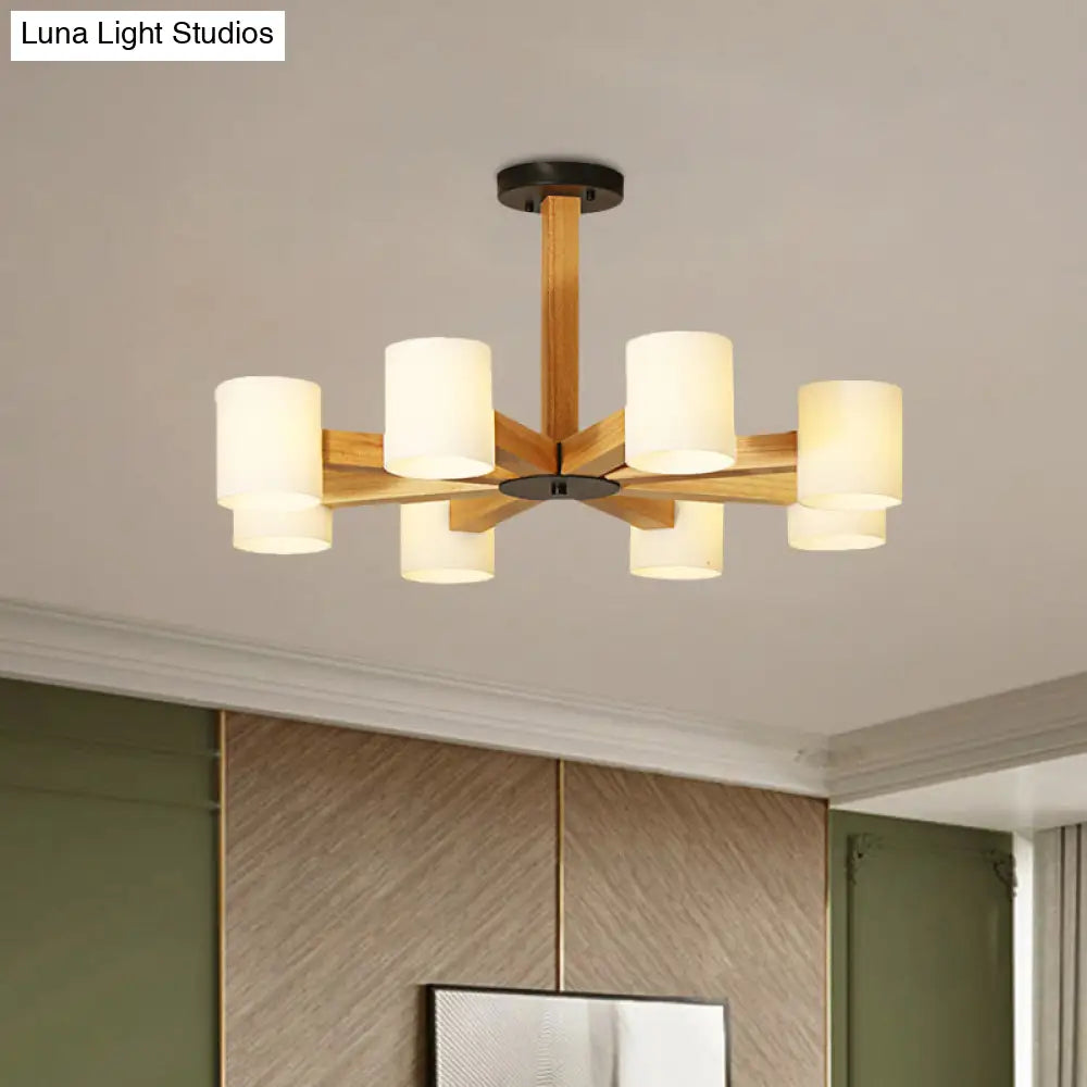 Japanese Style Pendant Chandelier with White Glass Shade and Wood Accents for Bedroom Lighting