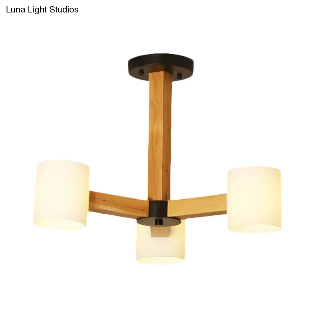 Japanese Style Pendant Chandelier with White Glass Shade and Wood Accents for Bedroom Lighting