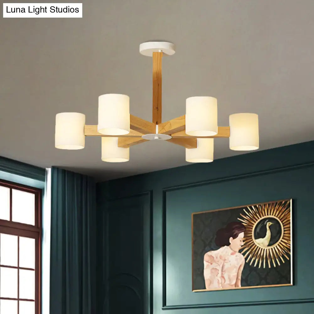 Japanese Style Pendant Chandelier with White Glass Shade and Wood Accents for Bedroom Lighting