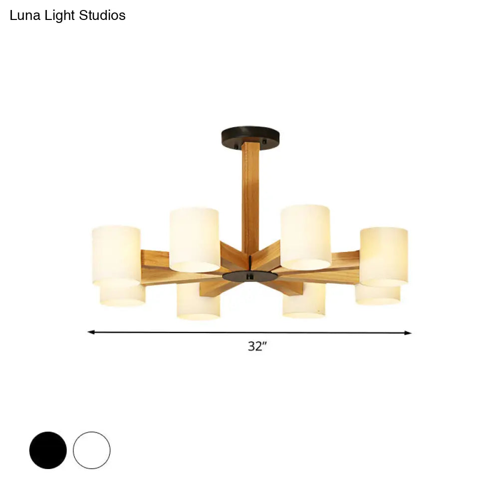 Japanese Style Pendant Chandelier with White Glass Shade and Wood Accents for Bedroom Lighting