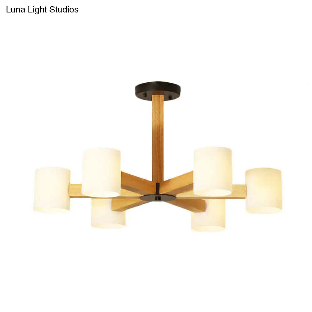 Japanese Style Pendant Chandelier with White Glass Shade and Wood Accents for Bedroom Lighting
