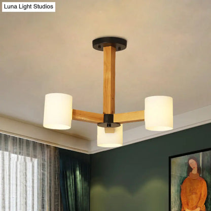 Japanese Style Pendant Chandelier with White Glass Shade and Wood Accents for Bedroom Lighting