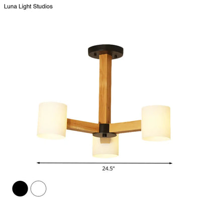 Japanese Style Pendant Chandelier with White Glass Shade and Wood Accents for Bedroom Lighting
