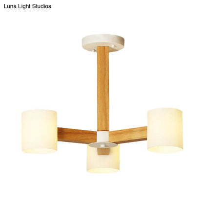 Japanese Style Pendant Chandelier with White Glass Shade and Wood Accents for Bedroom Lighting