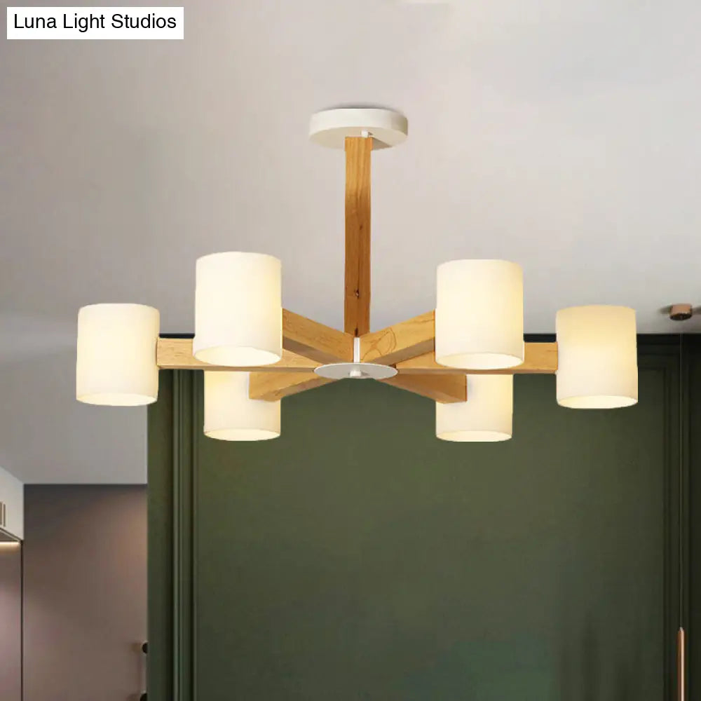 Japanese Style Pendant Chandelier with White Glass Shade and Wood Accents for Bedroom Lighting