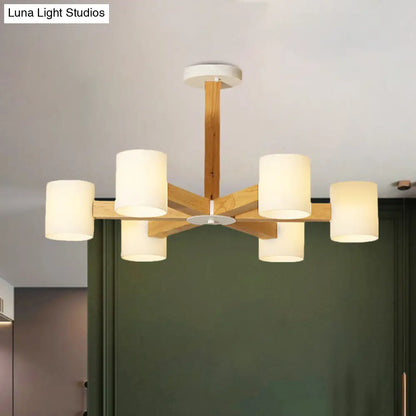 Japanese Style Pendant Chandelier with White Glass Shade and Wood Accents for Bedroom Lighting