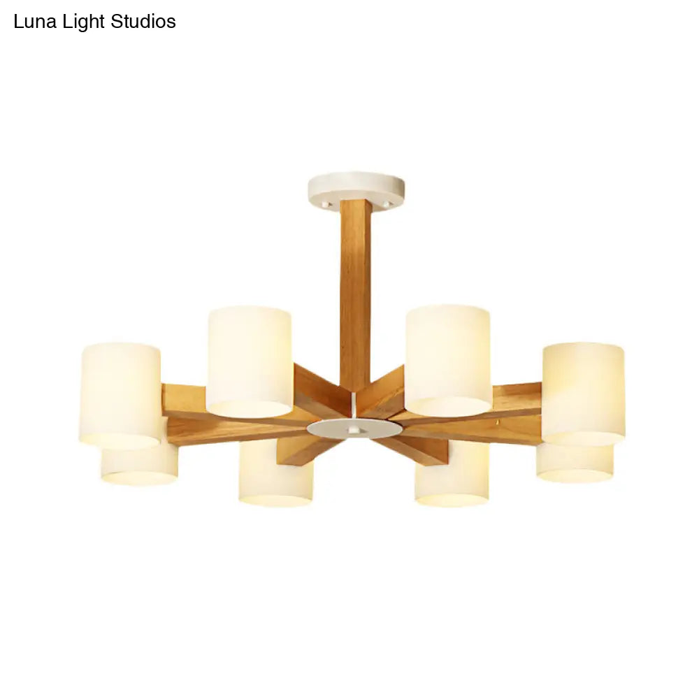 Japanese Style Pendant Chandelier with White Glass Shade and Wood Accents for Bedroom Lighting