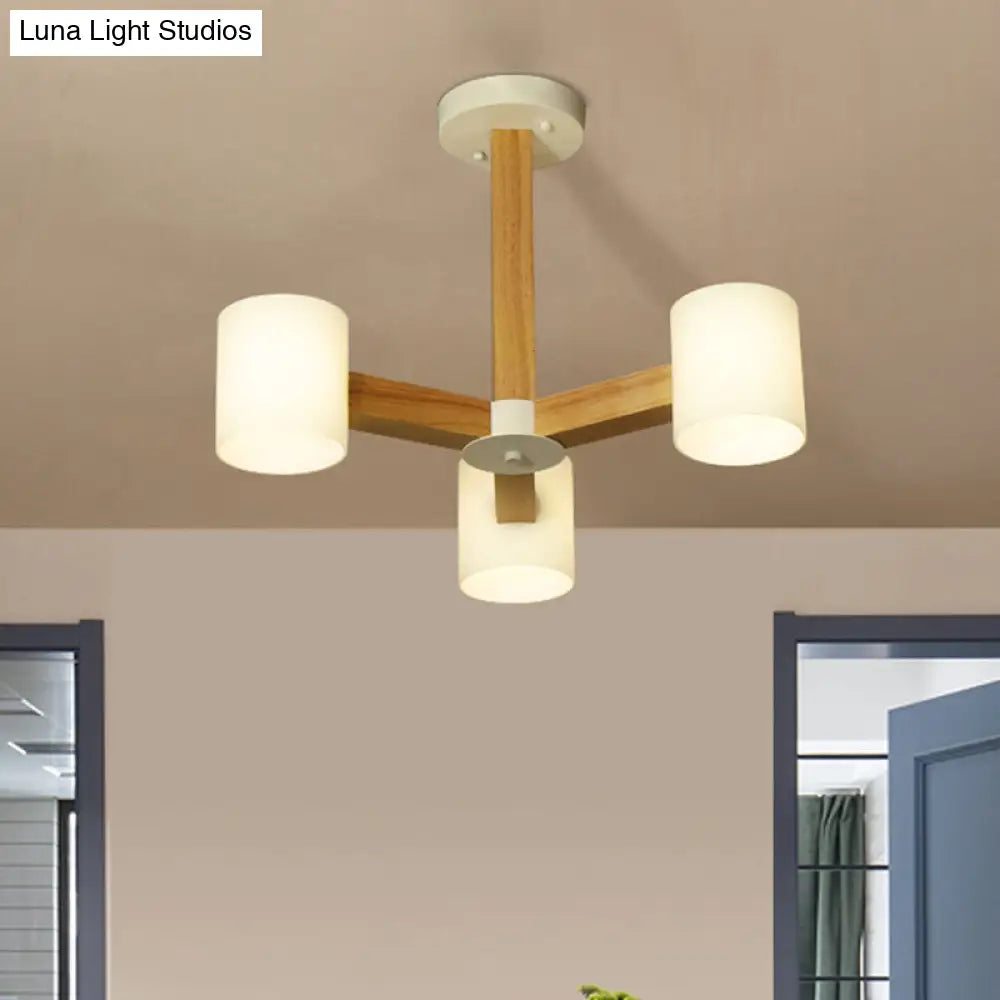 Japanese Style Pendant Chandelier with White Glass Shade and Wood Accents for Bedroom Lighting