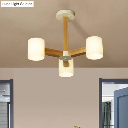 Japanese Style Pendant Chandelier with White Glass Shade and Wood Accents for Bedroom Lighting