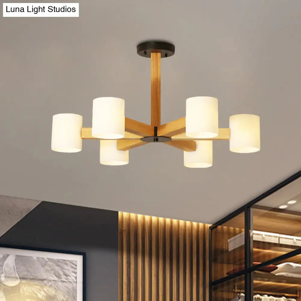 Japanese Style Pendant Chandelier with White Glass Shade and Wood Accents for Bedroom Lighting