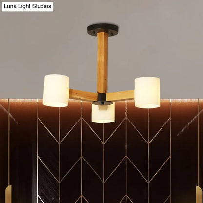 Japanese Style Pendant Chandelier with White Glass Shade and Wood Accents for Bedroom Lighting