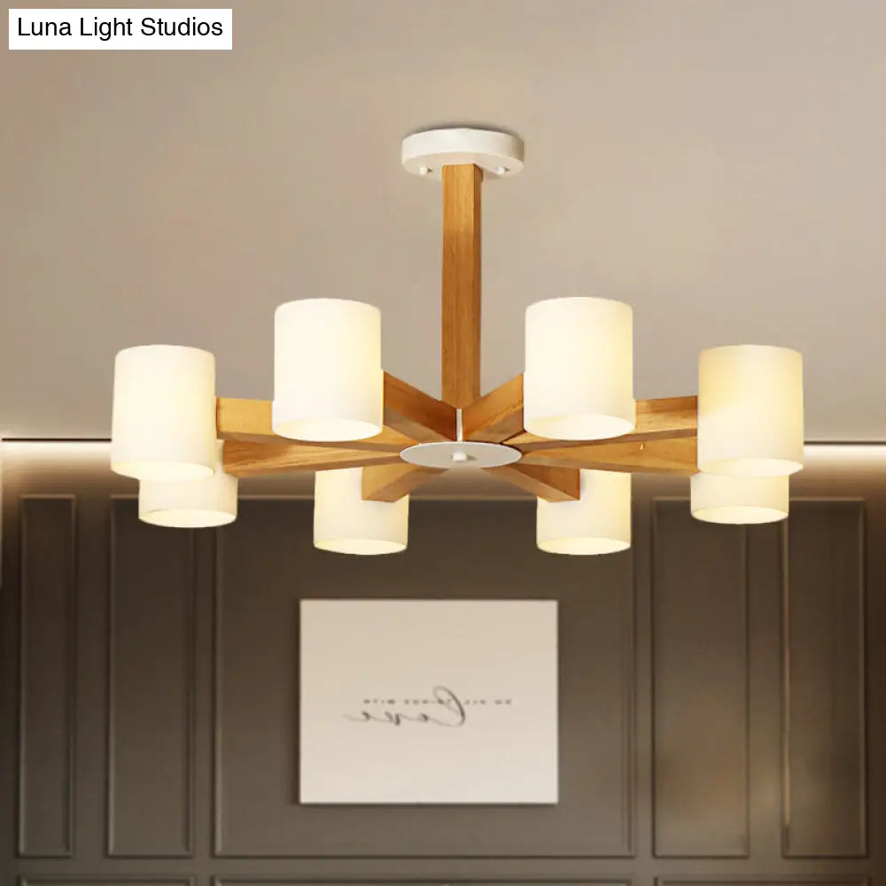 Japanese Style Pendant Chandelier with White Glass Shade and Wood Accents for Bedroom Lighting