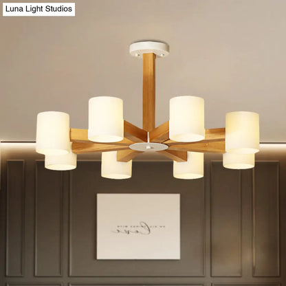 Japanese Style Pendant Chandelier with White Glass Shade and Wood Accents for Bedroom Lighting