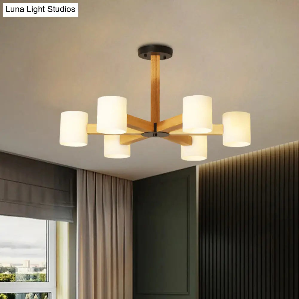 Japanese Style Pendant Chandelier with White Glass Shade and Wood Accents for Bedroom Lighting