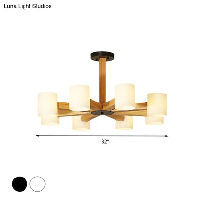 Japanese Style Pendant Chandelier with White Glass Shade and Wood Accents for Bedroom Lighting