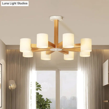 Japanese Style Pendant Chandelier with White Glass Shade and Wood Accents for Bedroom Lighting