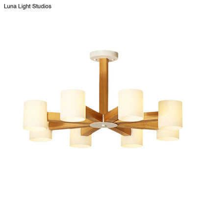 Japanese Style Pendant Chandelier with White Glass Shade and Wood Accents for Bedroom Lighting