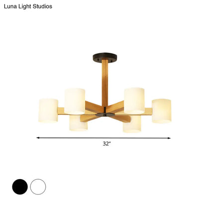 Japanese Style Pendant Chandelier with White Glass Shade and Wood Accents for Bedroom Lighting