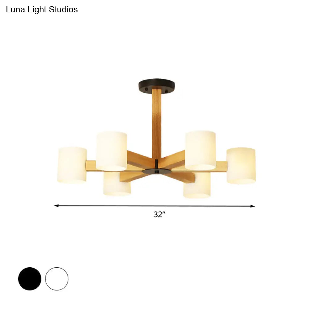 Japanese Style Pendant Chandelier with White Glass Shade and Wood Accents for Bedroom Lighting