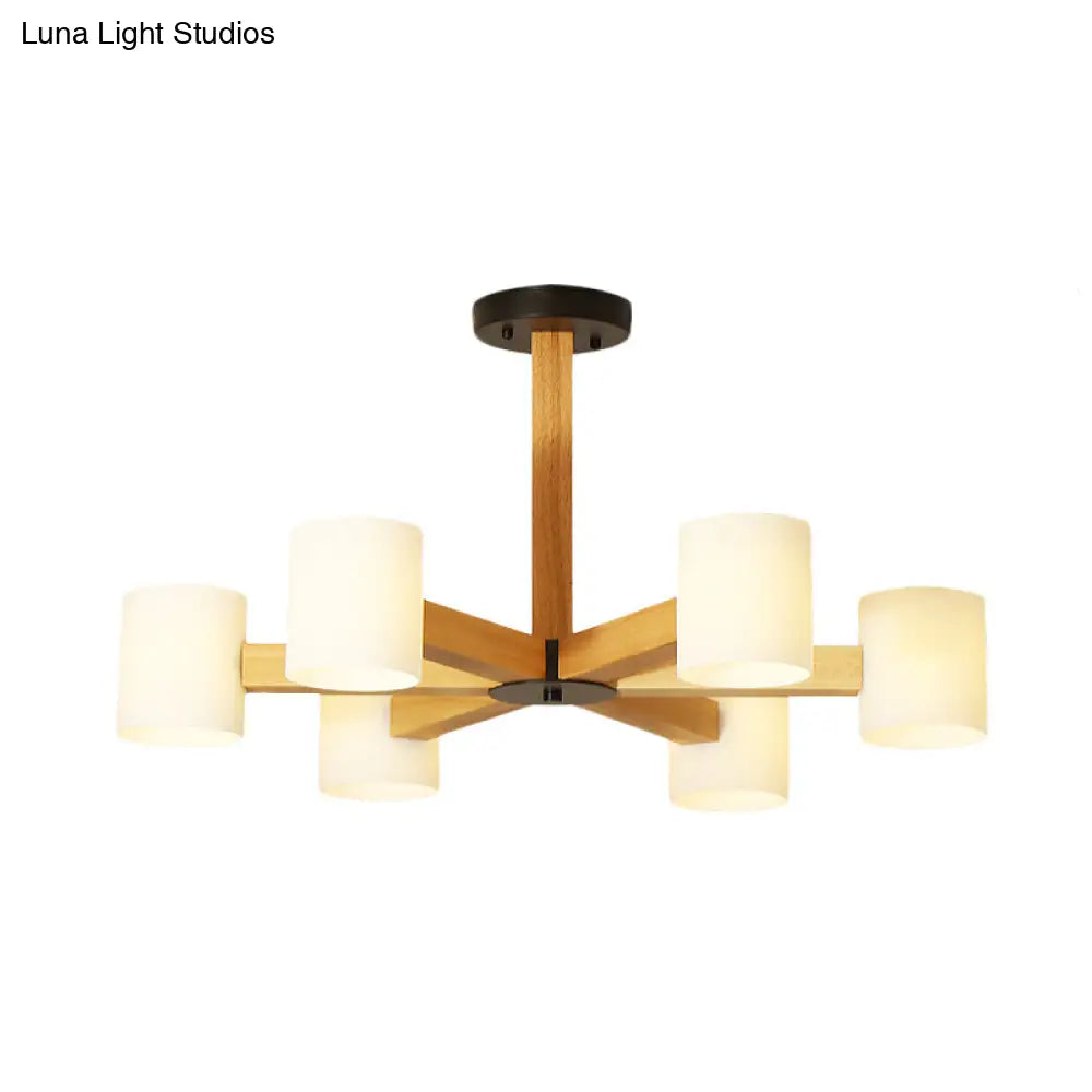 Japanese Style Pendant Chandelier with White Glass Shade and Wood Accents for Bedroom Lighting