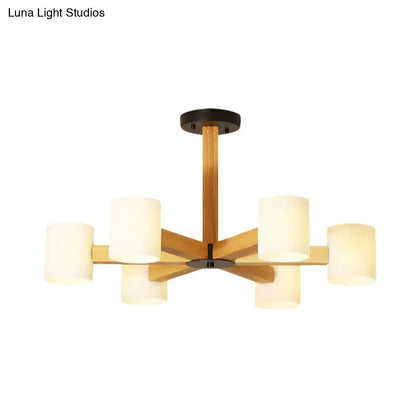 Japanese Style Pendant Chandelier with White Glass Shade and Wood Accents for Bedroom Lighting