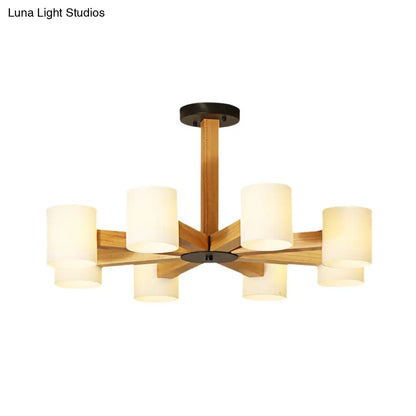 Japanese Style Pendant Chandelier with White Glass Shade and Wood Accents for Bedroom Lighting