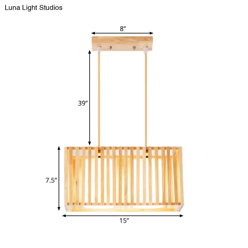 Decorbites™ japanese style 2-head pendant lighting with rubber wood cuboid cage and natural finish for dining table