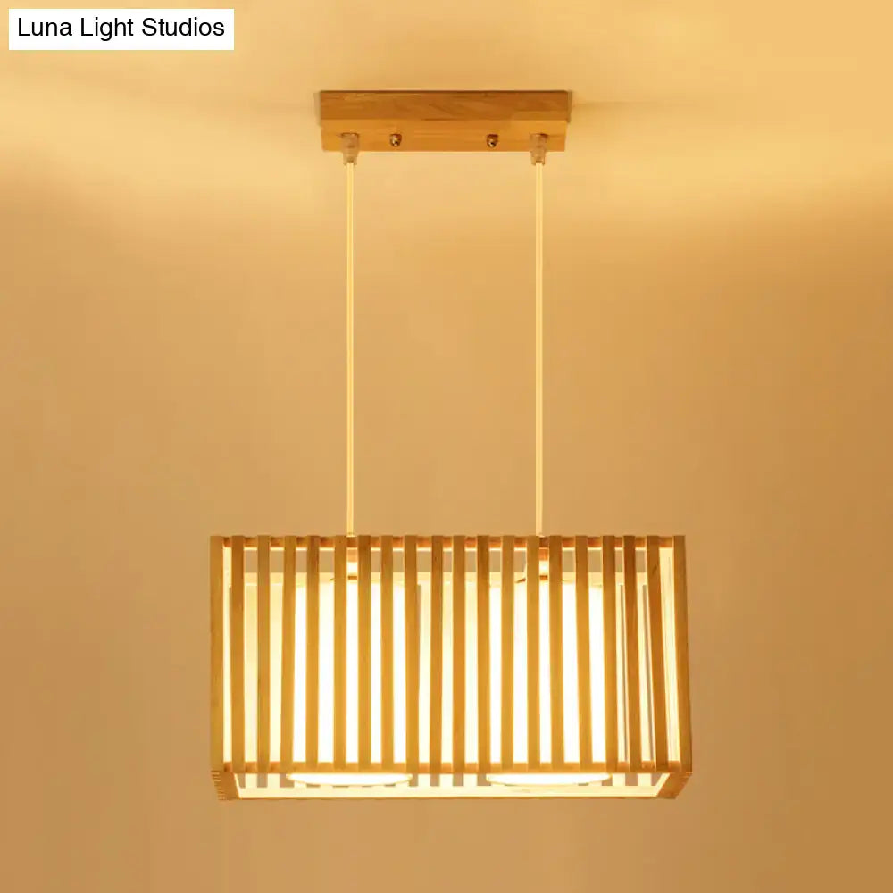 DecorBites™ rectangular rubber wood cuboid cage pendant light with vertical slats for dining table illumination