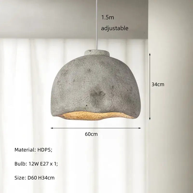 Gray concrete resin pendant light with textured rustic finish and warm wooden base for dining room pendant lights