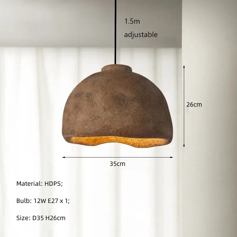 Earthy brown resin pendant light with textured dome shade and warm glow for Japanese style rustic dining room lighting
