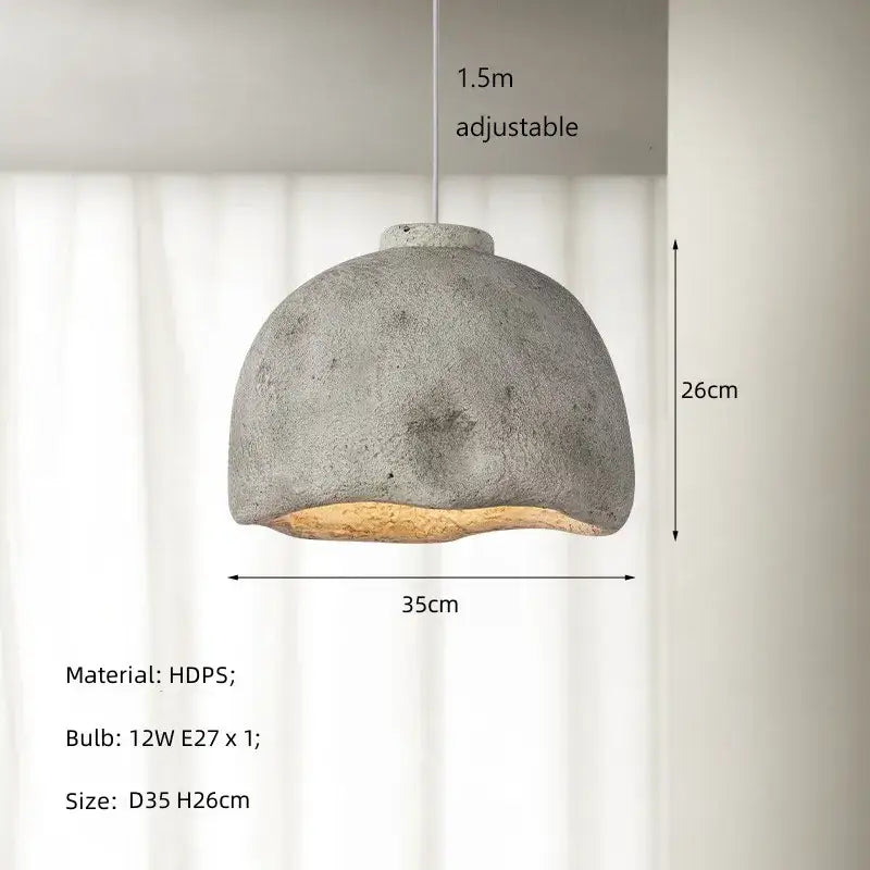 Gray concrete resin pendant light with textured rustic finish and warm wooden base for dining room use