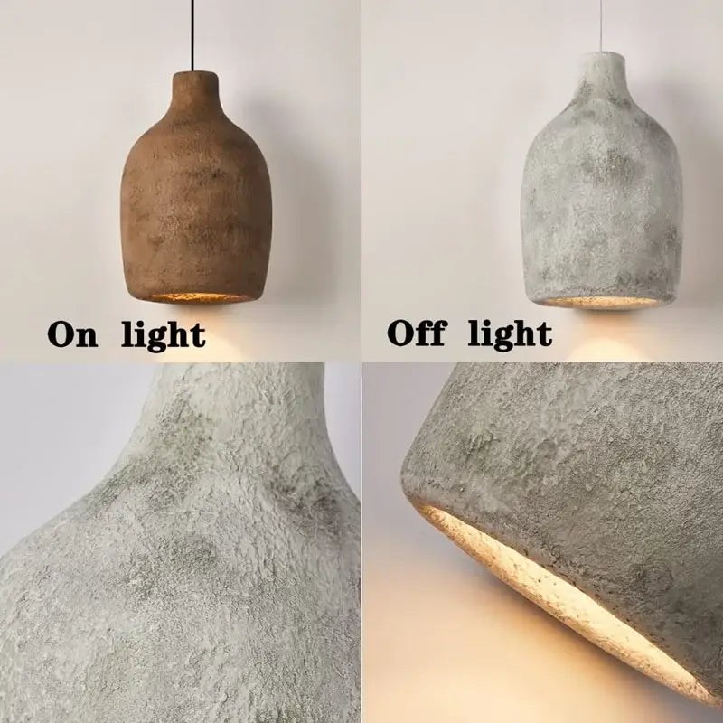 Rustic terracotta resin pendant light with textured matte finish and warm interior glow for dining room use