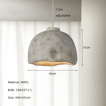 Gray concrete resin pendant light with rustic textured finish and warm wooden base for dining room pendant lights