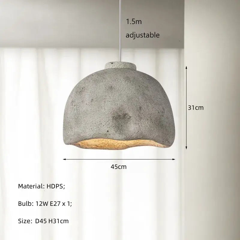 Gray concrete resin pendant light with rustic textured finish and warm wooden base for dining room pendant lights