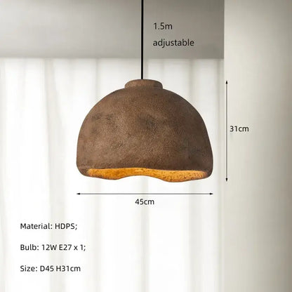 A rustic brown resin pendant light with a textured dome shade and exposed golden base for dining room use