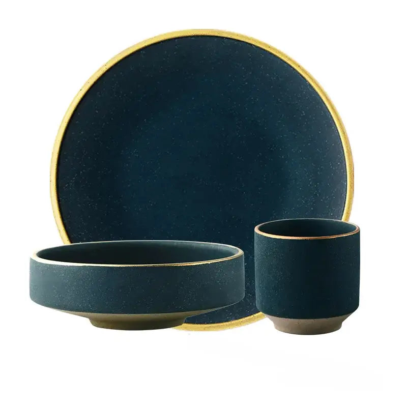 Dark blue ceramic dinner plate with gold rims from decorbites ceramic dinner teal and gold dining room set