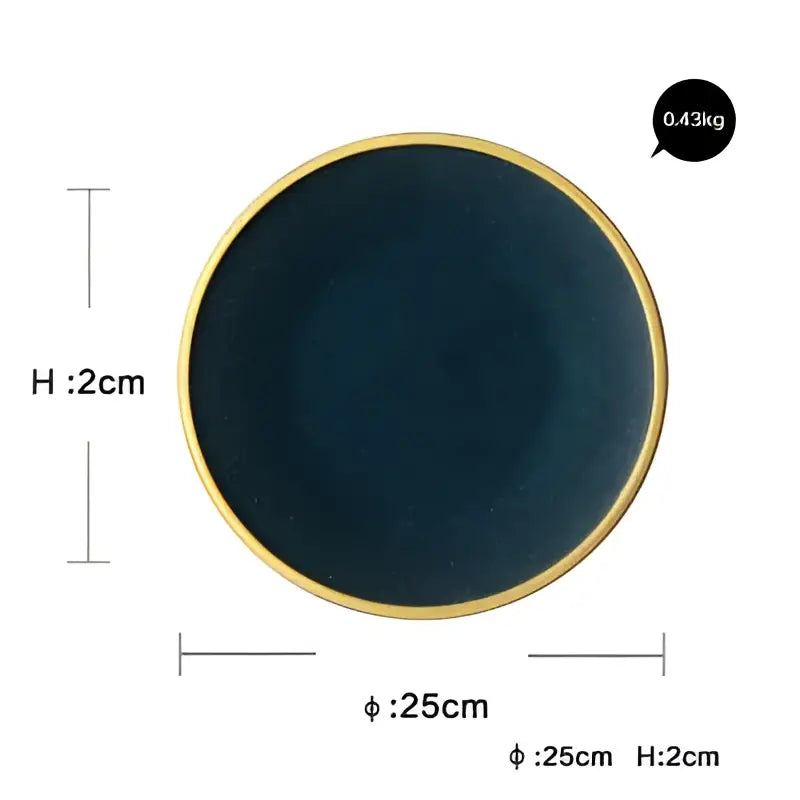 A deep navy blue ceramic dinner plate with a sleek gold rim from decorbites ceramic dinner set