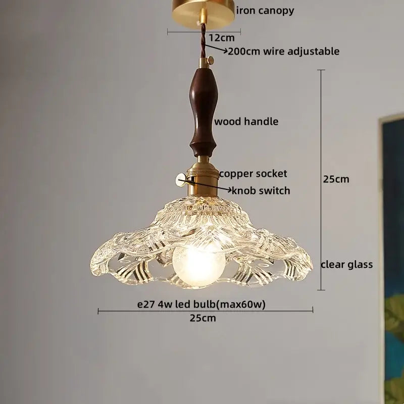 Vintage-style Japanese pendant lamp with decorbites clear glass shade and dark wood trim for dining room decor