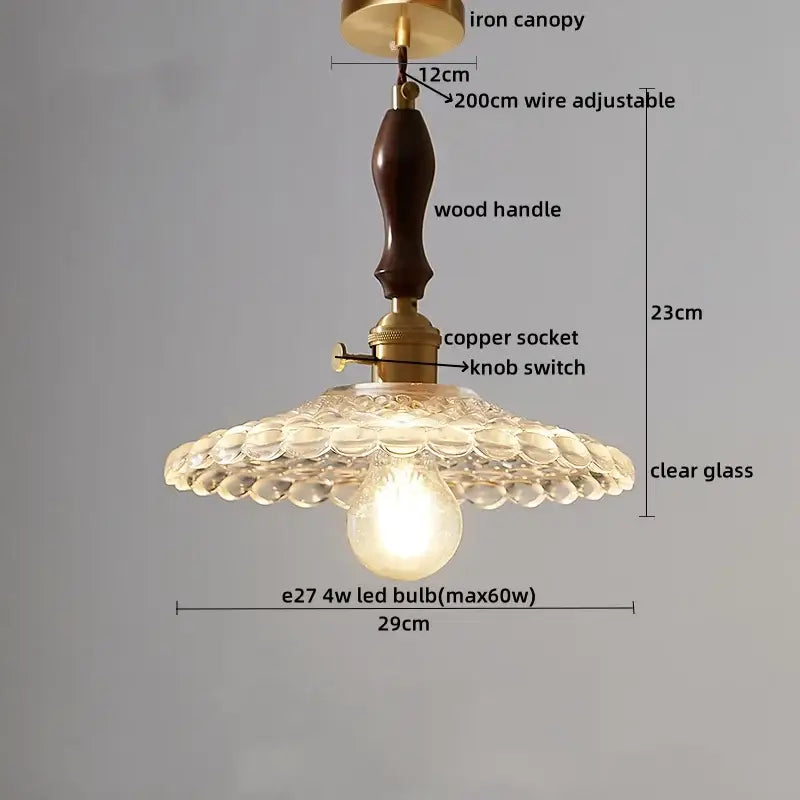 Japanese style clear glass pendant lamp with brass iron canopy copper socket and dark wood handle for dining room decorbites clear glass